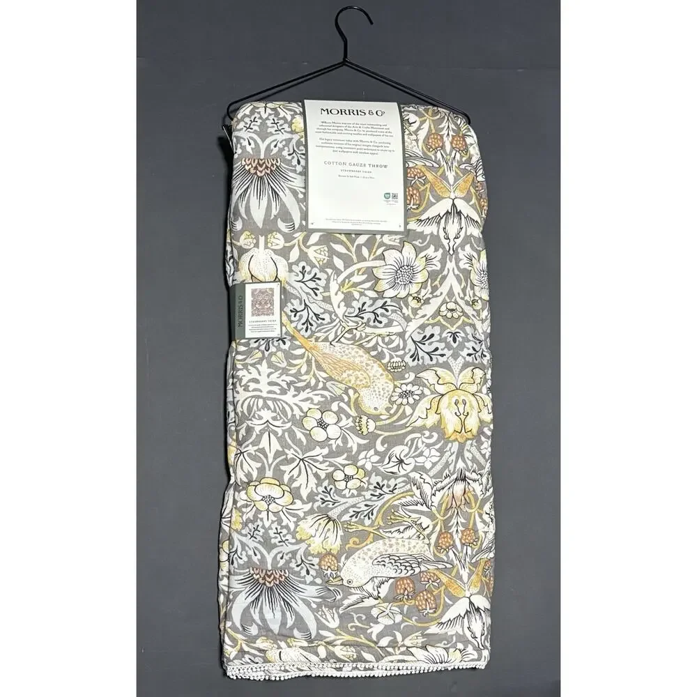 William Morris & Co Strawberry Thief Throw Blanket Cotton Gauze Fleece Grey NWT